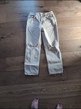 Men's Beige Distressed Jeans - Casual Straight Fit